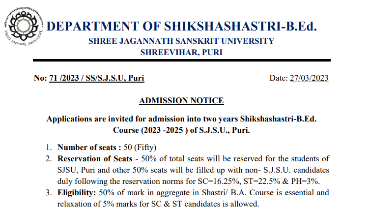 Admission Open for Two-Year Shikshashastri-B.Ed. Course (2023-2025) at S.J.S.U. Puri