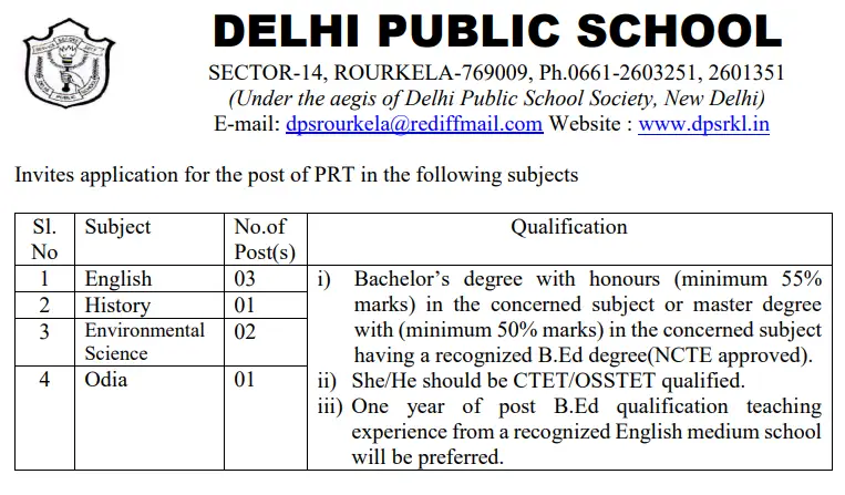 DPS Rourkela Primary Teacher Recruitment Vacancy 2023