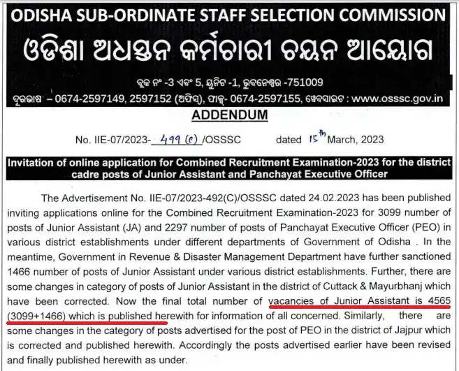 OSSSC increases vacancies for Junior Assistant and PEO Posts