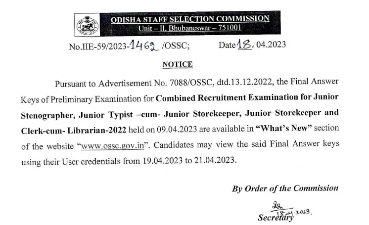 OSSC Releases Final Answer Keys of Preliminary Examination for Combined Recruitment Examination 2023