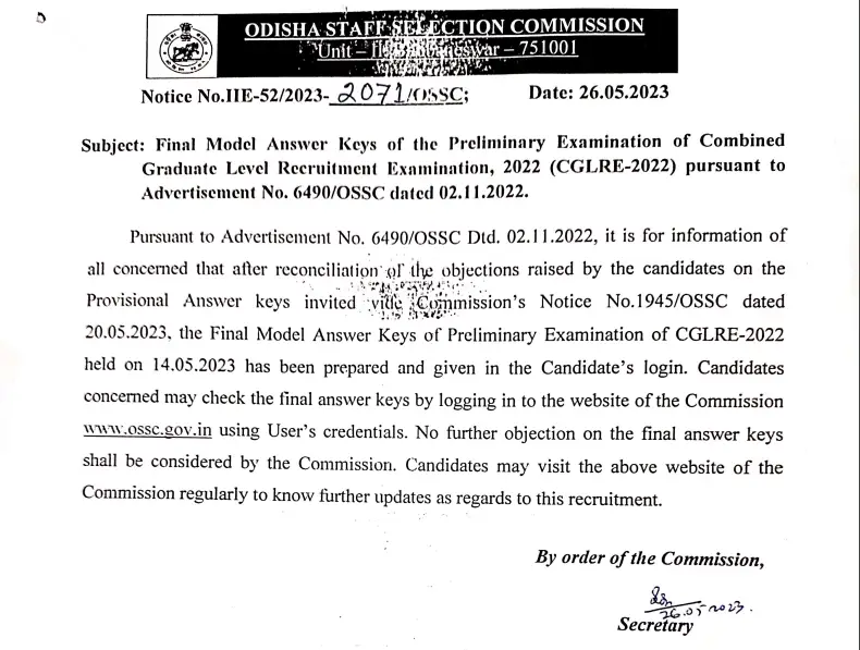Final Model Answer Keys of the Preliminary Exam OSSC CGLRE-2022