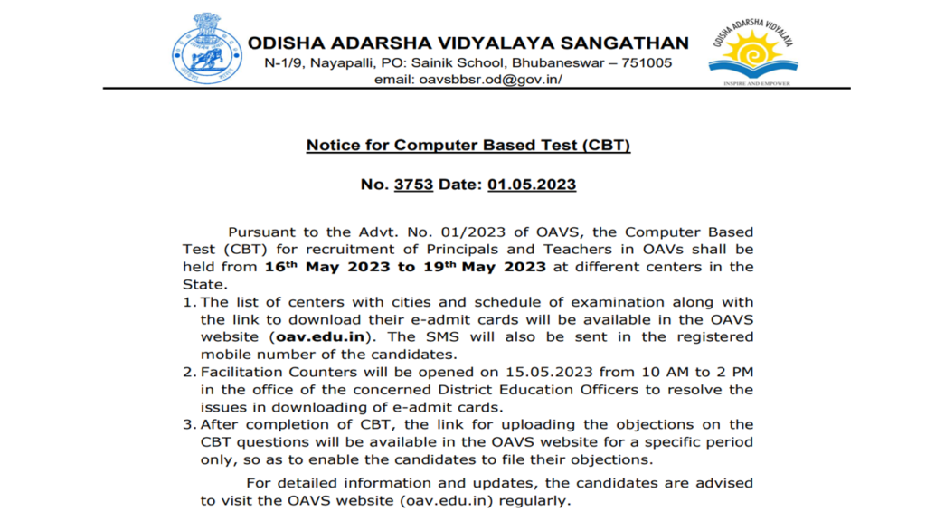 OAVS announces Computer Based Test (CBT) Exam Date for Principals and Teachers recruitment 2023