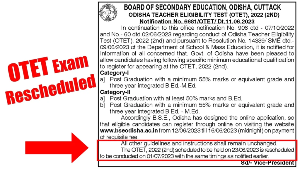 Odisha Teacher Eligibility Test (OTET) 2022 (2nd) Rescheduled