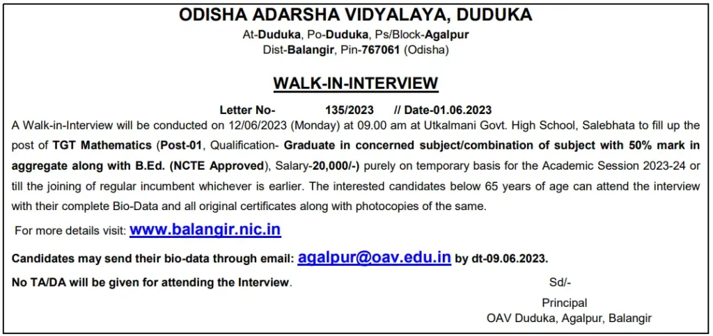 Walk-in for TGT Math at OAV, Duduka, Balangir