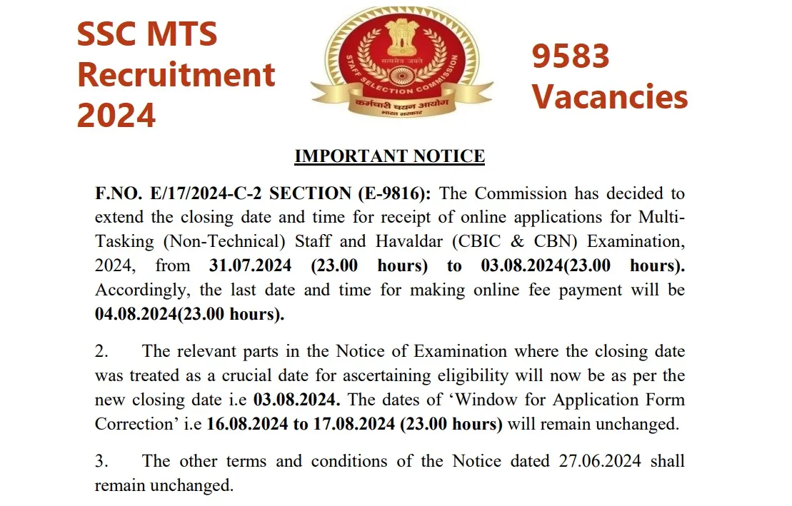 SSC MTS Recruitment 2024 for 9583 Vacancies