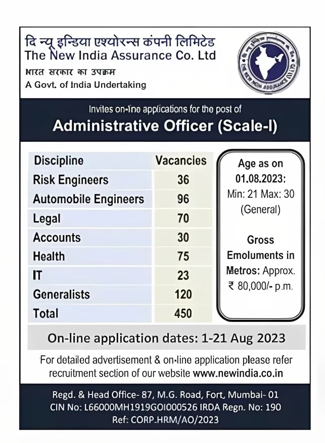 Short Notification NIACL Administrative Officer Posts