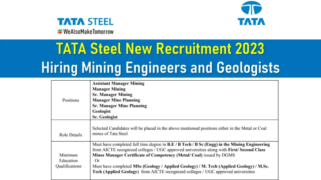 TATA Steel New Recruitment 2023 Hiring Mining Engineers and Geologists