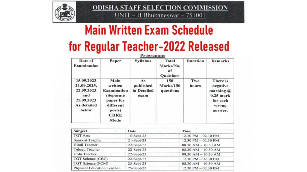Main Written Exam Schedule for Regular Teacher-2022 Released
