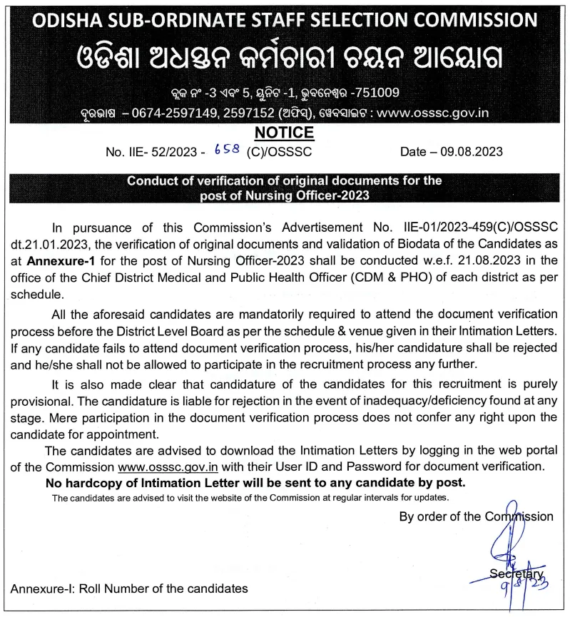 OSSSC to Conduct Document Verification for Nursing Officer Posts