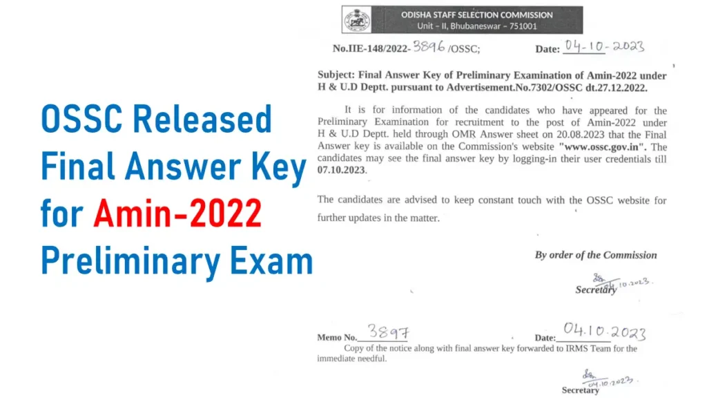 OSSC Released Final Answer Key for Amin-2022 Preliminary Exam