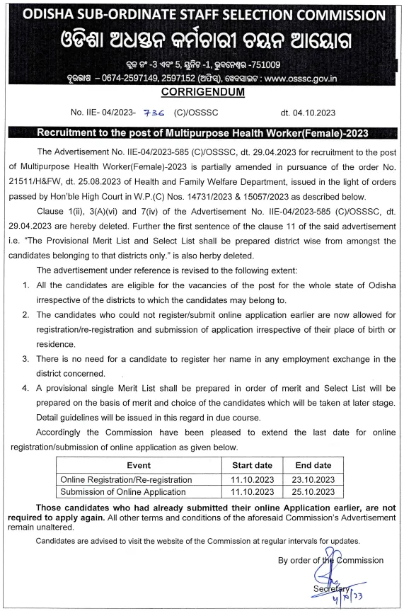 OSSSC Modifies Recruitment Notice for Multipurpose Health Worker (Female) in 2023