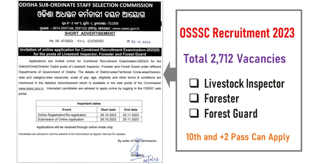 OSSSC Recruitment 2023 for 2,712 Posts [ Livestock Inspector, Forester, Forest Guard ]