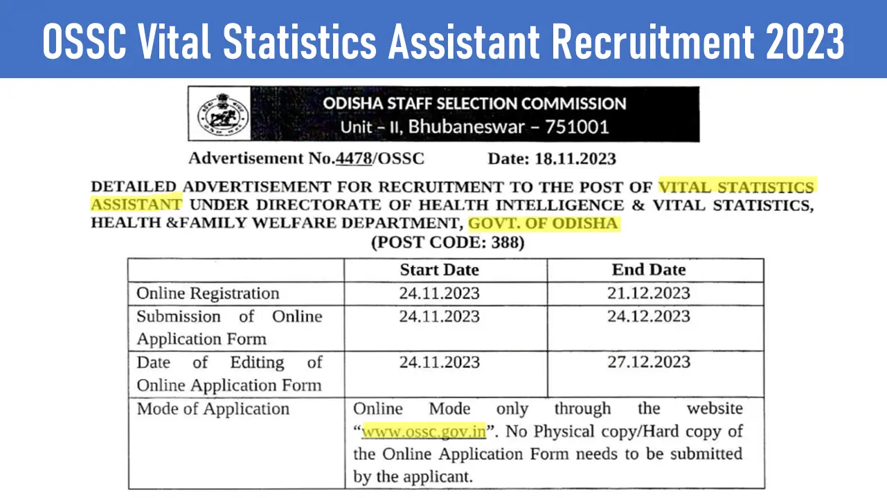OSSC Vital Statistics Assistant Recruitment 2023