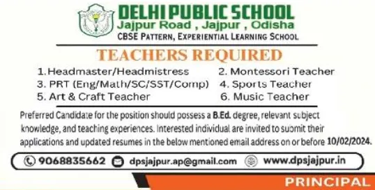 Job Openings at Delhi Public School Jajpur Road for Teacher