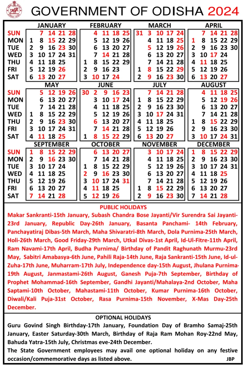 Odisha Government Holidays List 2024