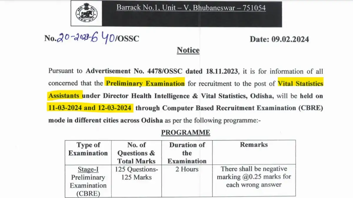 OSSC Announces Vital Statistics Assistant Prelims Exam Dates March 11