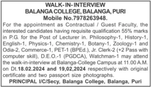 Walk-In For Guest Faculty At Balanga College, Puri
