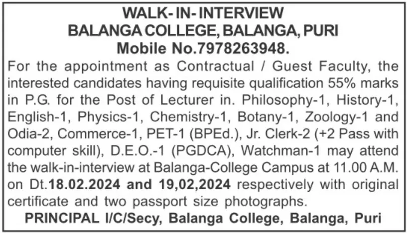 Walk-In For Guest Faculty At Balanga College, Puri