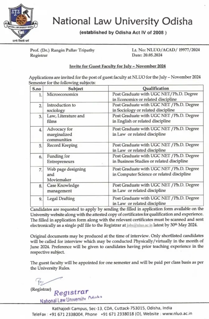 Guest Faculty Positions at National Law University Odisha