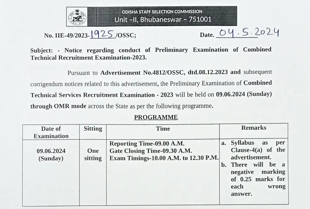 OSSC announces preliminary exam date for Combined Technical Services Recruitment Examination (CTSRE)-2023