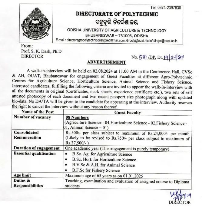 Guest Faculty Recruitment at Directorate of Polytechnic, OUAT