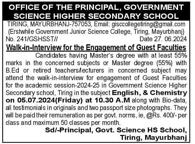 Walk-in for the Engagement of Guest Faculties Office of the Principal, Government Science Higher Secondary School