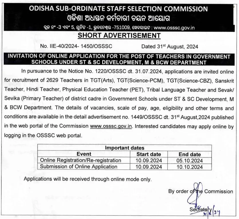 OSSSC TGT Recruitment of 2629 Vacancies in Government Schools under ST and SC Development, M & BCW Dep