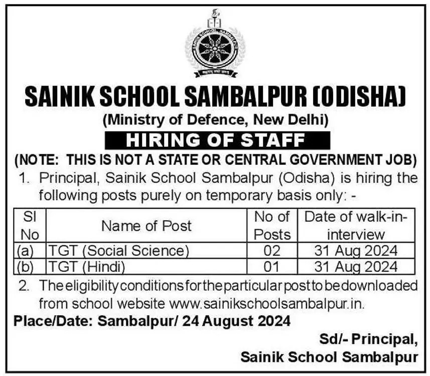 Temporary Teacher Job Vacancies at Sainik School Sambalpur, Odisha