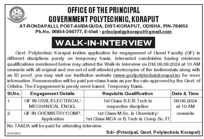 Walk-in-Interview for Guest Faculties at Govt Polytechnic, Koraput