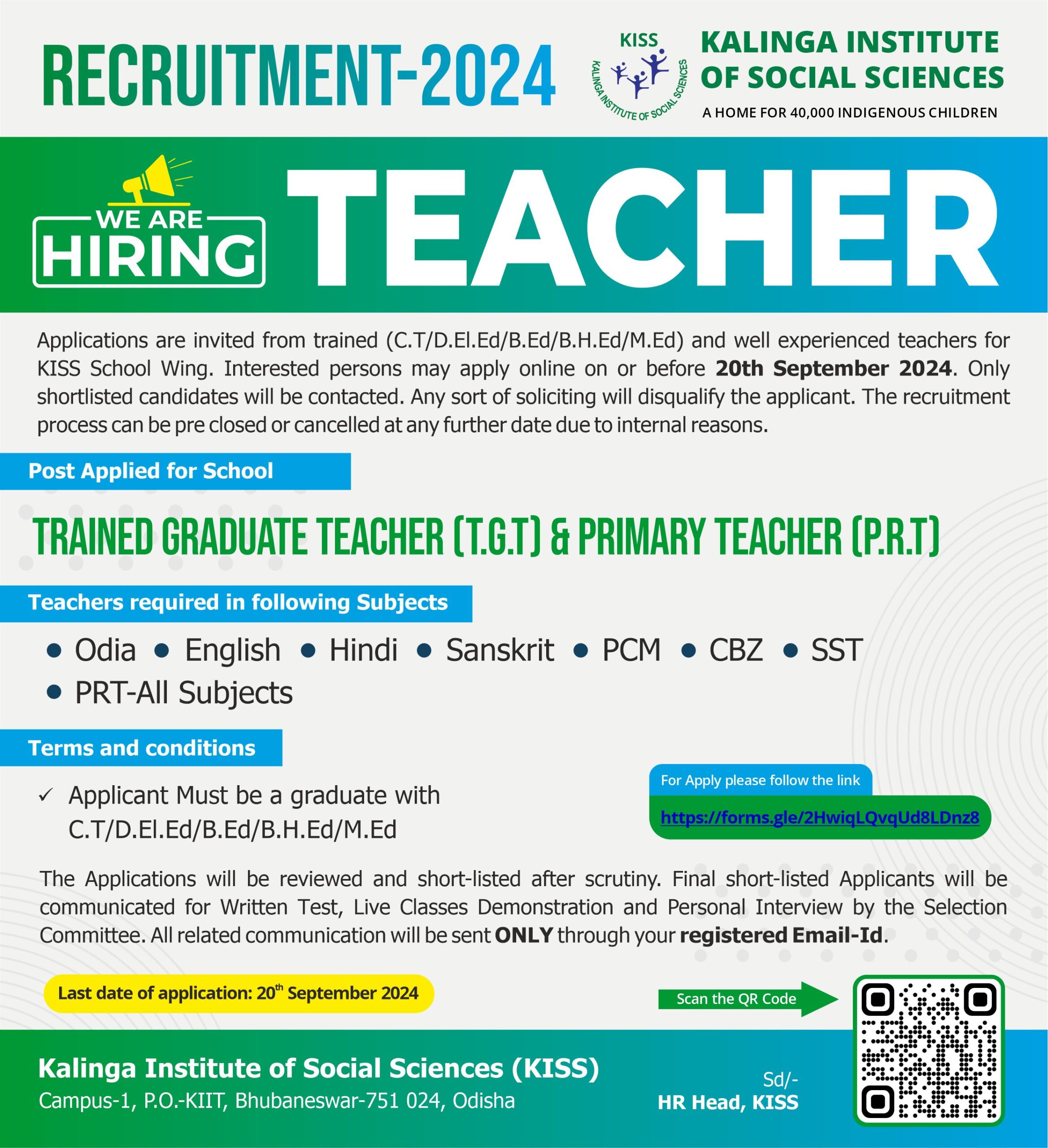 KISS Bhubaneswar Teacher Recruitment 2024 - TGT and PRT