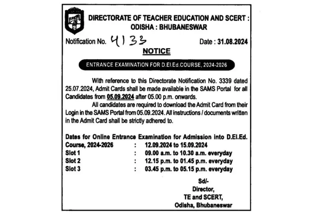 Odisha SCERT Releases D.El.Ed Entrance Exam Schedule for 2024-2026