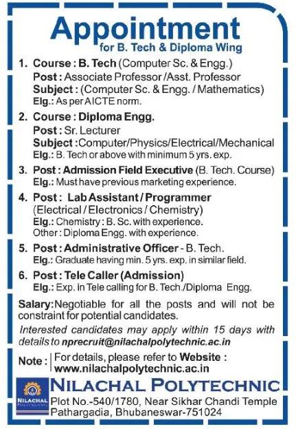 Nilachal Polytechnic Recruitment 2024 Apply for Faculty/Non-Teaching Post