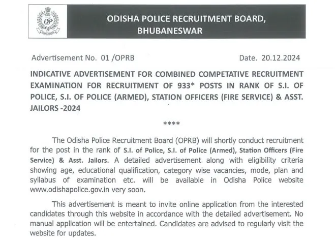 Odisha Police Recruitment 2024 for 933 SI, Station Officer & Jailor