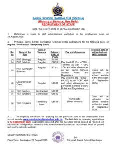 Sainik School Sambalpur Recruitment 2025