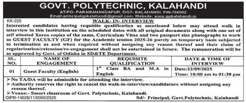 Govt. Polytechnic Kalahandi Guest Faculty Recruitment 2025 – Walk-in Interview
