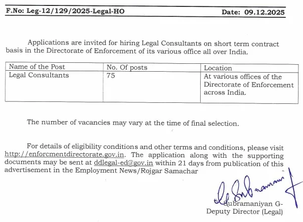 Enforcement Directorate Recruitment 2025-75 Legal Consultant Posts