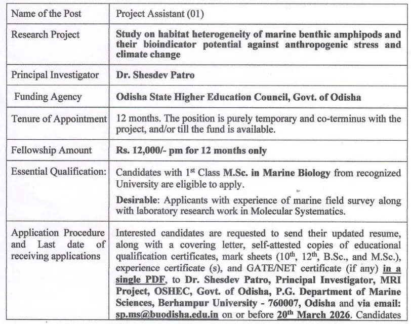 Berhampur University Project Assistant Recruitment