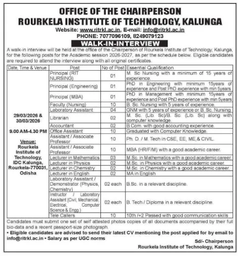 RIT Rourkela Recruitment 2026 – Walk-in Interview for Faculty & Staff Posts